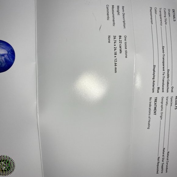 GIA Certified Blue Star Sapphire 84.22ct Untreated - Picture 7 of 7